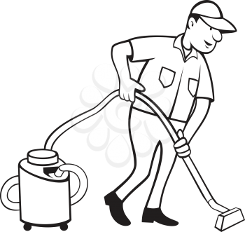 Cartoon style illustration of an industrial carpet cleaner worker vacuuming the floor with vacuum cleaner viewed from side on isolated background done in black and white. 