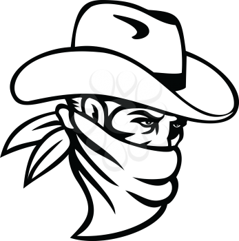 Mascot illustration of a cowboy bandit, outlaw, highwayman, maverick or robber wearing a face mask, face covering or bandana viewed from side on isolated background in retro black and white style.
