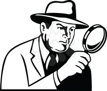 Stencil illustration of a detective, inspector, private eye or investigator looking through magnifying glass wearing fedora hat viewed from side on isolated background in black and white retro style.