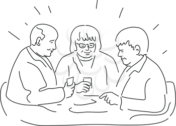 Mono line illustration of a group of elderly or senior patients in rest home or residential facility playing cards done in monoline black and white style.
