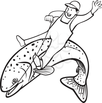 Retro stencil style illustration of trout fisherman riding a steelhead, rainbow trout, Oncorhynchus mykiss, Columbia River redband trout, coastal rainbow trout on isolated background black and white.