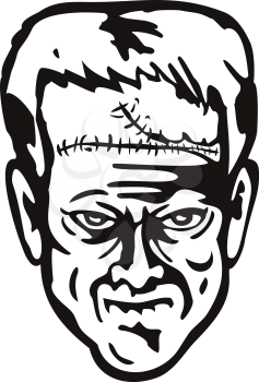 Stencil illustration of head of Doctor Victor Frankenstein's monster viewed from front on isolated background done in black and white retro style.