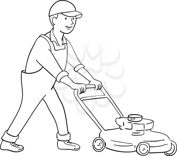 Cartoon style illustration of a gardener mowing lawn with lawnmower or lawn mower viewed from side on isolated background.