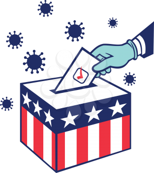 Retro style illustration of an American voter with glove hand voting during pandemic covid-19 coronavirus lockdown putting vote into ballot box with USA stars and stripes flag on isolated background.