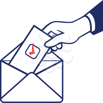 Retro style illustration of a hand of a voter putting ballot or vote inside postal ballot envelope in on isolated background.