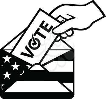 Retro black and white style illustration of a hand of an American voter posting ballot or vote inside postal ballot envelope with USA stars and stripes flag on isolated background.