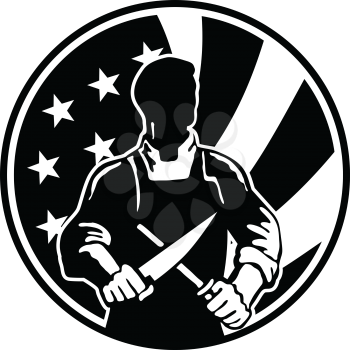 Icon retro style illustration of an American butcher sharpening knife viewed from front  with United States of America USA star spangled banner or stars and stripes flag in circle isolated background.