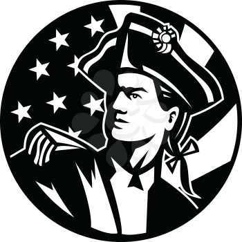 Black and white illustration of an American Patriot revolutionary soldier looking up with USA star spangled banner stars and stripes flag in background on Independence Day done in retro style.