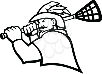 Mascot icon illustration of bust of a green archer or Robin Hood with lacrosse stick  viewed from side on isolated background in retro black and white style.