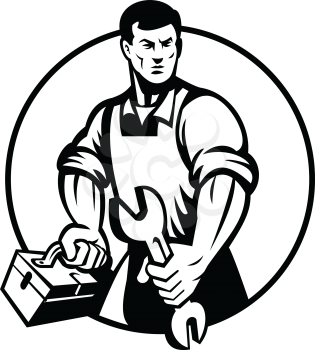 Illustration of an automotive mechanic or aircraft, electrical mechanic holding a spanner or wrench and toolbox viewed from front on isolated background done in retro black and white style.