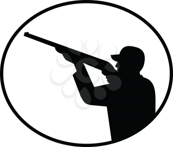 Illustration of a silhouette of a wild game bird hunter with shotgun rifle aiming and shooting viewed from side set inside oval on isolated white background done in retro  black and white style.