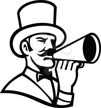 Mascot icon illustration of head of a ringmaster or ringleader, a master of ceremonies that introduces the circus acts,  holding a bullhorn viewed from side done in retro black and white style.
