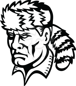 Mascot icon illustration of head of David Davy Crockett, an American folk hero, frontiersman, soldier and politician, nicknamed King of the Wild Frontier on isolated background in retro black and white style.