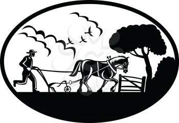 Retro woodcut style illustration of farmer and his Clydesdale horse plowing farm field set inside oval on isolated background.