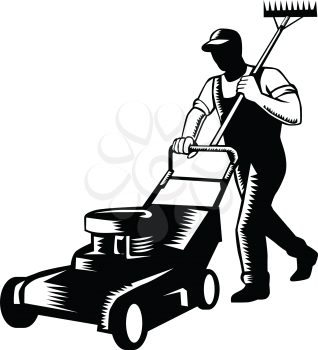 Woodcut black and white style illustration of male gardener, landscaper, groundsman or groundskeeper pushing lawn mower mowing and holding rake on shoulder on isolated white background. 