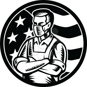 Black and white illustration of a food worker, grocery, supermarket, front line or essential worker, wearing an apron and face mask as hero with USA stars and stripes flag done in retro woodcut style.
