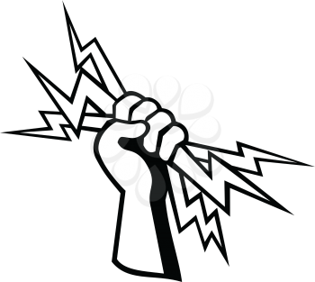 Retro style illustration of a hand of a power lineman, electrical worker or electrician holding a lightning bolt viewed from side on isolated background done in black and white.