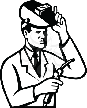 Black and White Illustration of a scientist researcher lab technician wearing white coat with welding torch and welder visor done in retro style.
