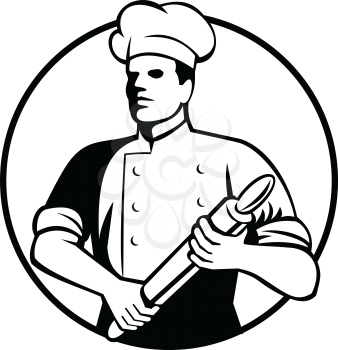Retro black and white style illustration of a baker, chef, cook or food worker holding a rolling pin viewed from front set inside circle on isolated background.