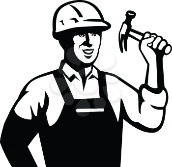 Black and white illustration of a carpenter builder or handyman holding a hammer viewed from front on isolated background done in retro style.