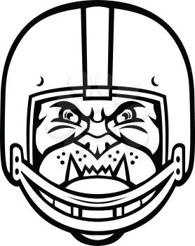 Sports mascot illustration of head of a bulldog wearing an American football or gridiron helmet viewed from front on isolated background in black and white retro style.
