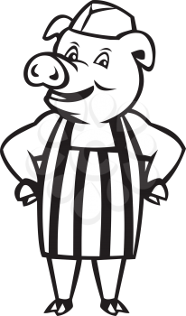 Black and white illustration of a butcher pig standing smiling wearing cap and apron with hands on hips facing front set on isolated white background done in cartoon style. 