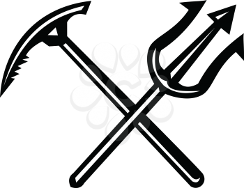 Black and white mascot icon illustration of a crossed trident and climbing ice axe symbolizing land and sea emergency rescue on isolated white background.