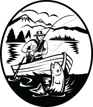 Retro black and white style illustration of a trout fisherman on boat fishing in lake with rod and reel hooking catching salmon fish with mountains in background on isolated background.