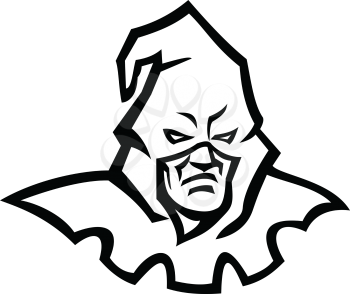 Black and white mascot illustration of  head of a hooded medieval or absolutist executioner or headsman wearing mask viewed from front on isolated background in retro style.