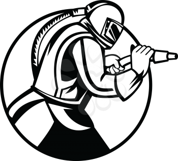 Black and white mascot illustration of a sandblaster or sand blaster abrasive blasting viewed from side set inside circle  on isolated background in retro style.