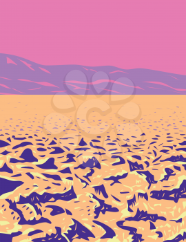 WPA poster art of spiky salt mounds known as the Devils Golf Course in Death Valley National Park located in CaliforniaNevada border USA in works project administration or federal art project style.
