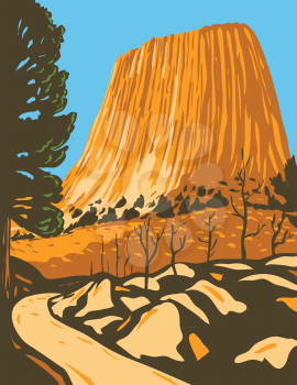 WPA poster art of the Devils Tower National Monument, a butte or laccolithic in Bear Lodge Ranger District of the Black Hills in Wyoming in works project administration or federal art project style.