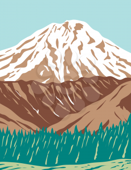WPA poster art of the Redoubt Volcano or Mount Redoubt, an active stratovolcano in the largely volcanic Aleutian Range of  Alaska done in works project administration or federal art project style.