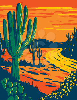WPA poster art of the Saguaro, Carnegiea gigantea, a tree-like cactus genus at dusk in Saguaro National Park in Tucson, Arizona done in works project administration or federal art project style.