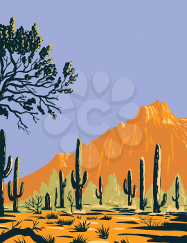 WPA poster art of the saguaro cactus or Carnegiea gigantea in Ironwood Forest National Monument a mountainous section of the Sonoran Desert in Arizona done in works project administration style style.