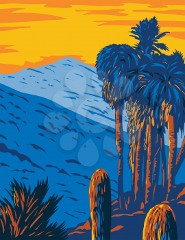 WPA poster art of the Santa Rosa and San Jacinto Mountains National Monument California showing the Santa Rosa and San Jacinto mountain ranges done in works project administration style style.