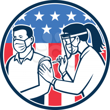 Icon retro style illustration of an American frontline worker vaccinated with Covid-19 vaccination by a medical doctor or nurse with USA stars and stripes flag inside circle isolated background.
