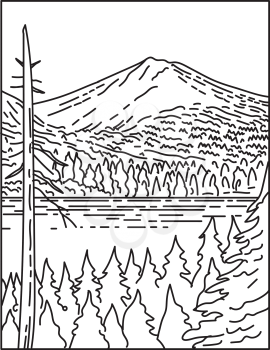 Mono line illustration of summit of Lassen Peak Volcano within Lassen Volcanic National Park in northern California, United States of America done in retro black and white monoline line art style.