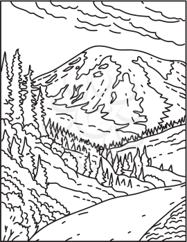 Mono line illustration of Mount Rainier in Mount Rainier National Park located in Washington State, United States of America done in retro black and white monoline line art style.