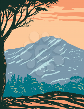 WPA poster art of the peak of Mount Tamalpais or Mount Tam located within Mt. Tamalpais State Park in Marin County, California, United States of America done in works project administration style.