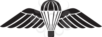 Military badge illustration of parachute with wings or parachutist badge used by Parachute Regiment in the British Armed Forces on isolated background in black and white retro style.