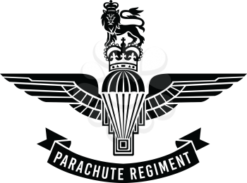 Military badge illustration of Parachute Regiment insignia with parachute with wings, royal crown and lion worn by paratroopers in the British Armed Forces done in black and white retro style.