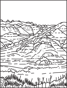 Mono line illustration of the Painted Canyon located in Theodore Roosevelt National Park in western North Dakota, United States of America done in retro black and white monoline line art style.