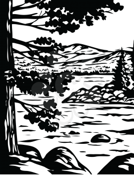 WPA poster monochrome art of Emerald Bay State Park in South Lake Tahoe, California, USA done in works project administration black and white style.