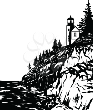 WPA woodcut poster art of Bass Harbor Head Lighthouse in Acadia National Park, Hancock County Maine USA done in works project administration black and white style.