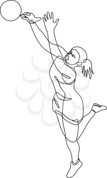 Continuous line drawing illustration of a netball player Rebounding and Catching the ball done in mono line or doodle style in black and white on isolated background. 