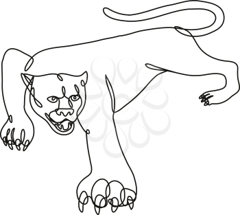 Continuous line drawing illustration of a Panther Crouching viewed from side done in mono line or doodle style in black and white on isolated background. 