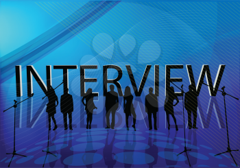 Royalty Free Clipart Image of a Blue Background With Silhouettes and the Word Interview