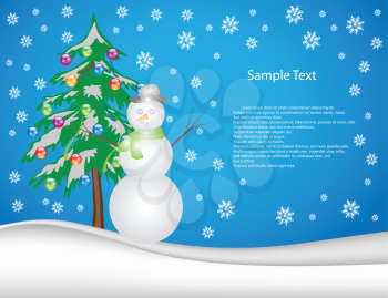 Royalty Free Clipart Image of a Winter Scene With a Christmas Tree and Snowman