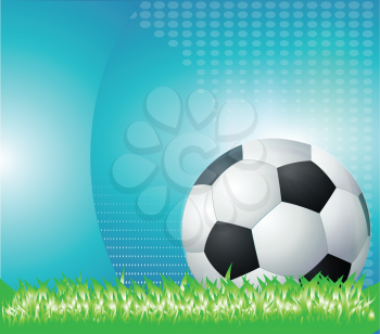 Royalty Free Clipart Image of a Soccer Ball on Grass Against an Abstract Blue Background